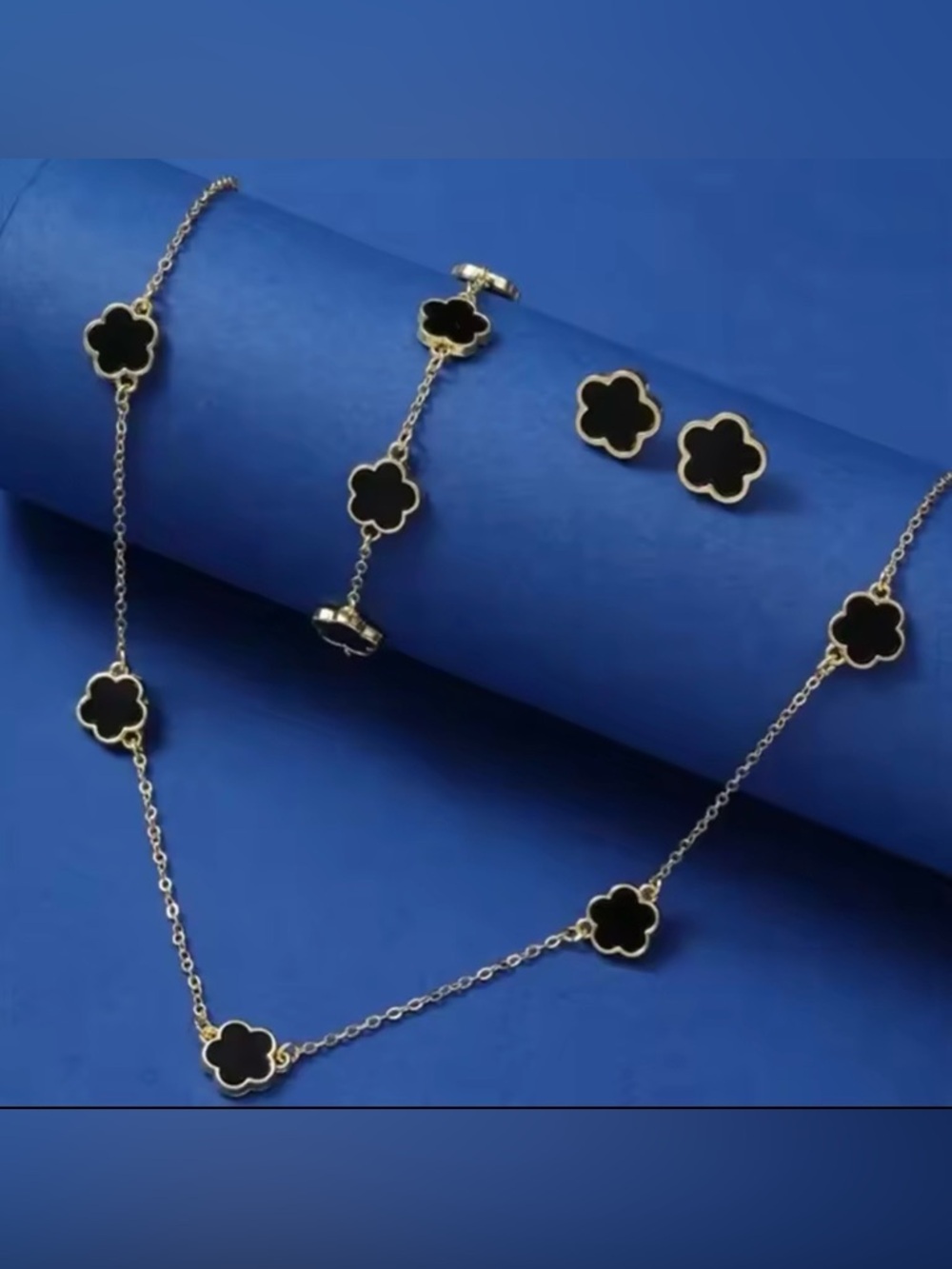 Macy's Gold-Tone Necklace & Stud Earrings Set with Black Clover Accents